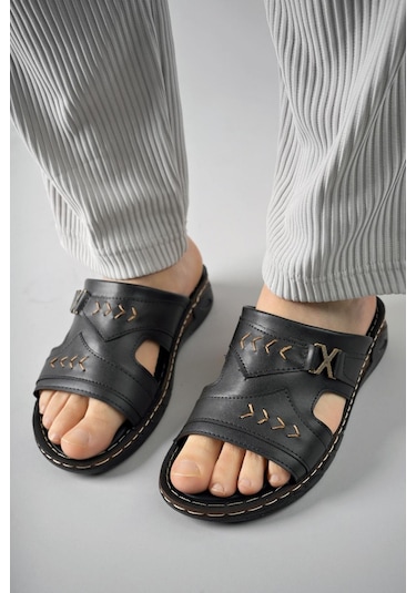 Muggo Ryan Garantili Ortopedik Rahat Taban Deri Görünümlü Erkek Terlik 001