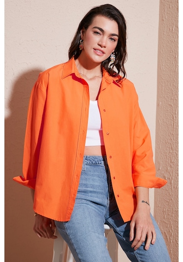Lela Pamuklu Regular Fit Önü Kısa Arkası Uzun Oval Kesim Bayan Gömlek Cf25S163867 Orange