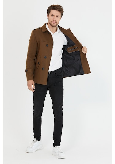 Mero Life Erkek Taba Kemerli Kaşe Kaban Trenç Model Taba