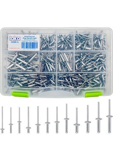 Toko Hobi-4 Alüminyum Pop Perçin Seti 411 Parça 13 Çeşit Organizer Takım Çantalı