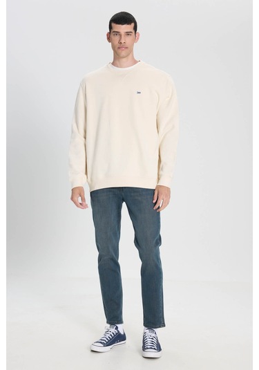 Regular Fit Normal Kesim %100 Pamuk Bisiklet Yaka Şardonlu Kırık Beyaz Sweatshirt L81ıry102 Beyaz