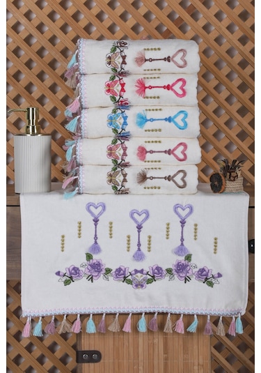 6 Lı Kalp Çiçek Nakışlı Mutfak Havlusu Püsküllü Hediyelik Çeyizlik Kalpli Mutfak Havlu Takımı 30 X 50 Cm 001