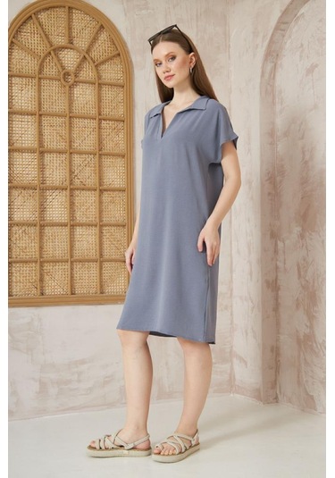Kadın Bol Kesim Polo Yaka Kısa Kollu Günlük Kısa Midi Elbise Dizüstü 2883200 Gri