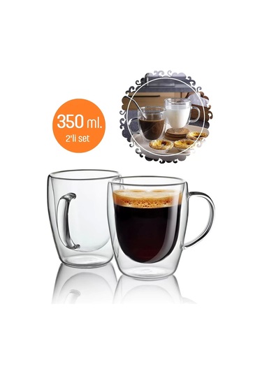 Çift Cidarlı Bardak Kupa 350 Ml Ev Ofis Espresso Kahve Çay Fincanı Borosilikat Kulplu Cam Bardak