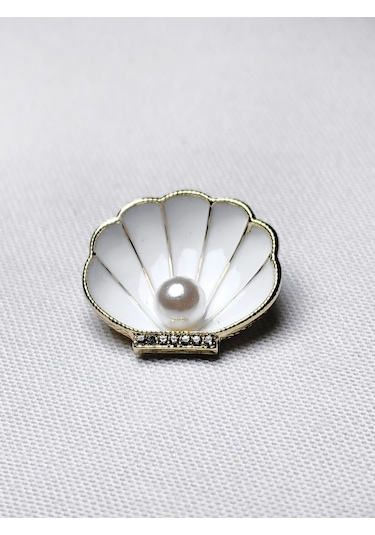 İnci Detaylı Midye Kabuğu Figürlü Broş Şık Kadın Aksesuarı Gold