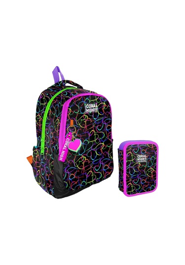 Coral High Kalp Baskılı Siyah Pembe Kız Çocuk Okul Çantası Ve Organizer Kalemlik Seti 23670+11145 Siyah - Pembe