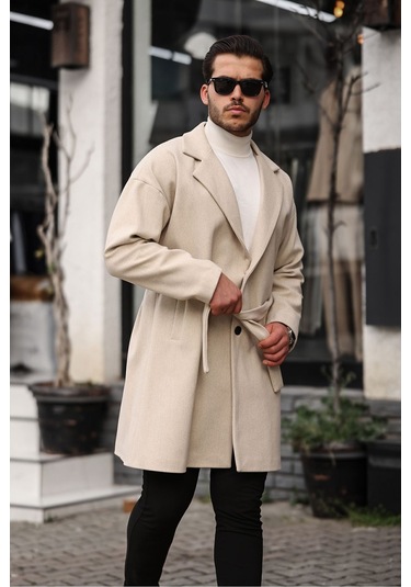 Mero Life Erkek Bej Kemerli Oversize Rahat Kesim Kaşe Kaban Bej