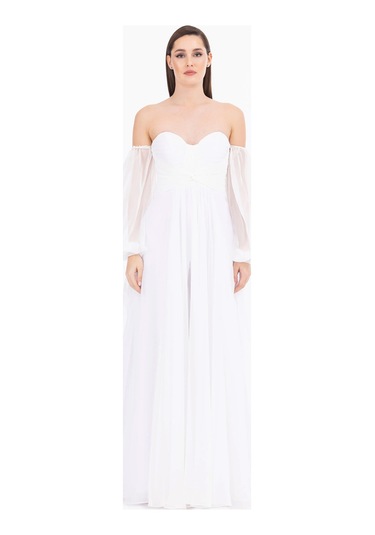 Kadın Kalp Yaka Çıkarılabilir Kollu Yırtmaçlı Abiye Elbise - Ekru Ekru