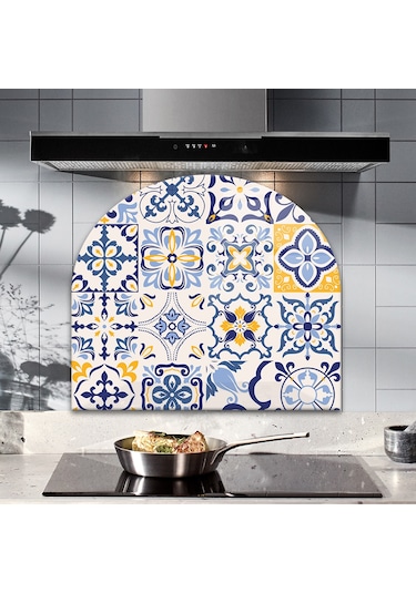 Decorita Cam Ocak Arkası Koruyucu | Oval Şekilli| Mavi Çini Desen