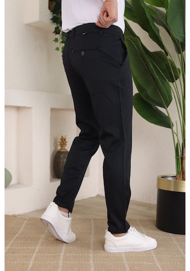Erkek Casual Slim Fit Cord Desenli Kumaş Pantolon Siyah