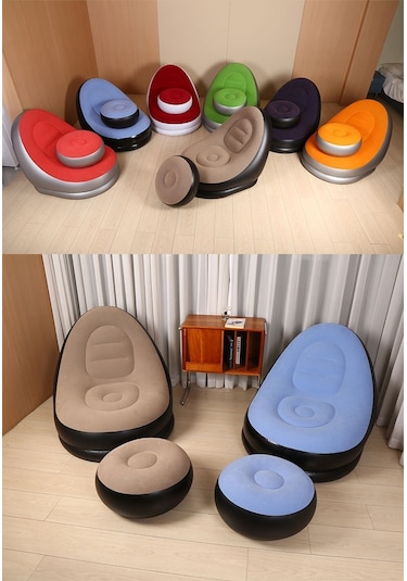 Açık Hava Şişme Lazım Koltuk Ayaklı Set Katlanır Peluş Pvc Salon Şezlong Seti Açık Mavi 116 98 83cm 1,5kg Açık Mavi