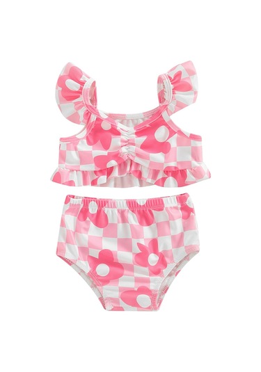 Bebek Kız Bikini Seti, Ekose Çiçek Baskı Fly Kollu Kaşkorse Yaz Plaj İçin Külot Mayo Mayo