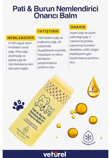 Veturel Kedi Köpek Pati Balm %100 Doğal Nemlendirici Stick Dirsek Burun Koruyucu Onarıcı Bakım - 40gr