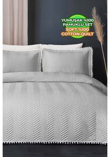 Evlen Home Ponponlu %100 Pamuk Tek Kişilik Günlük Yatak Örtüsü Pike Takımı Seti Gri