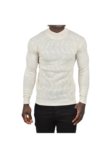 Deepsea Erkek Bej Dar Kesim Yarım Balıkçı Yaka Desenli Triko Yarım Boğazlı Kazak 2505505 Bej