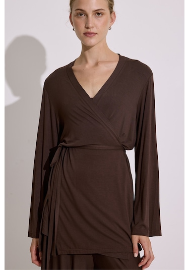 Bağlamalı Dökümlü Kimono Kahverengi Kahverengi