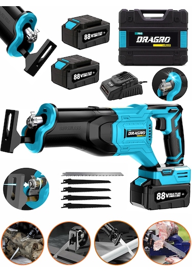 Dragro GRZ-TLK88 Lacivert 88 V 10 Ah Çift Akülü Tilki Kuyruğu Ağaç Dal Kurban Kesim Makinesi 5 Adet Bıçak Şarjlı