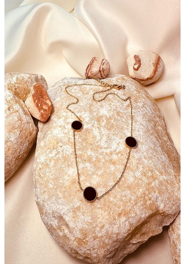 Tasarım Model Siyah Taşlı Şık Gold Altın Renk Kadın Paslanmaz Çelik Kolye