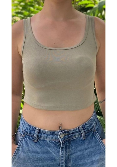 Afri Kadın Haki Basic Ribana Atlet Crop Likralı Spor Üst Haki