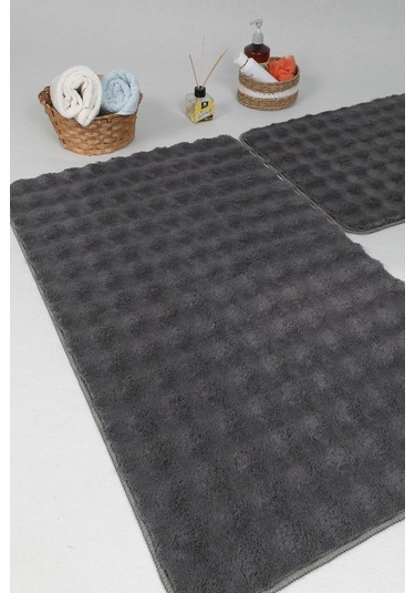 Modern Bubble Yıkanabilir Kaymaz Peluş Banyo Paspası Halısı 2li Klozet Takımı 60x100-50x60cm Antrasit