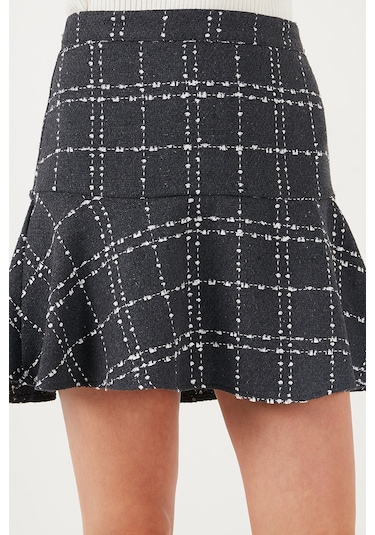 Lela Kareli Volanlı Mini Kışlık Bayan Etek 611Et00176W4 Koyu Gri