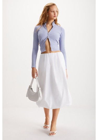 GRIMELANGE Rosalba Kadın Paraşüt Kumaş Beli Lastikli Dokuma Balon Beyaz Etek Beyaz