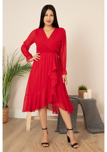 Kalopya 56129 Kruvaze Yaka Uzun Kol Şifon Elbise- Kırmızı