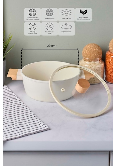 Cookwood Beige İndüksiyon Tabanlı Ahşap Kulplu Kapaklı Seramik Derin Tencere 20 Cm Bej Bej