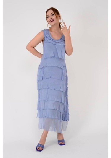 Italyan 2 Beden İnce Gösteren Kat Kat Kolsuz Ipek Elbise Mavi