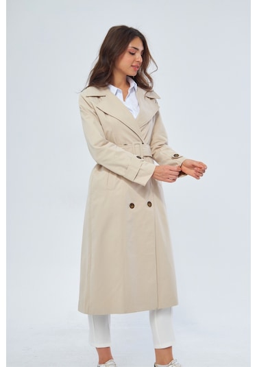 %100 Pamuk Ekstra Uzun 120cm Kruvaze Kadın Trençkot 1121 Taş Rengi Taş