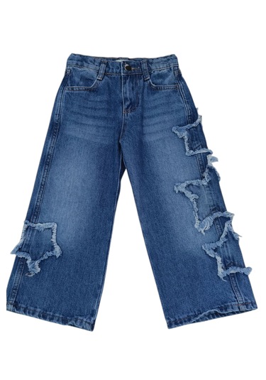 Kız Çocuk Yıldız Detaylı Likrasız Beli Lastik Ayarlamalı Mavi Renk Kot Pantolon Kot Mavi