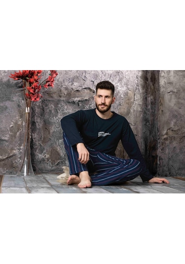 Lukitus Uzun Kollu Sıfır Yaka Baskılı Erkek Pijama Takımı Lacivert