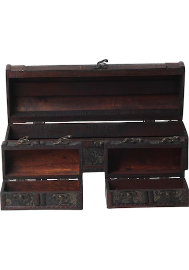 Lüks İşlemeli Vintage Eskitme Tasarımlı 3lü Sandık Çok Amaçlı Takı Aksesuar Kutusu Dekoratif Obje B