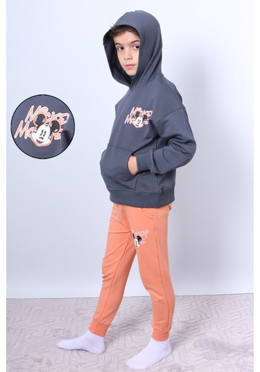 Erkek Çocuk Kapşonlu Eşofman Takımı Mickey Mouse Sırt Baskılı Ribanalı F3 Turuncu
