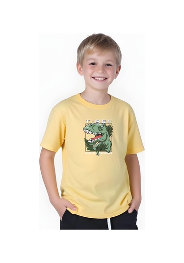 T-rex Baskılı Erkek Çocuk Kısa Kollu Tişört Sarı