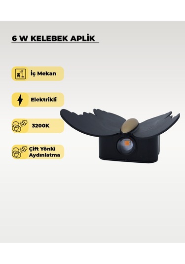 6w. Kelebek Aplik Çift Yönlü Amber Işık Siyah