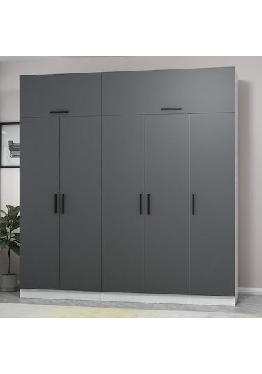 Minar Kale 5 Kapaklı 2 Çekmeceli Dolap Ve Yüklük Beyaz Antrasit 255cm