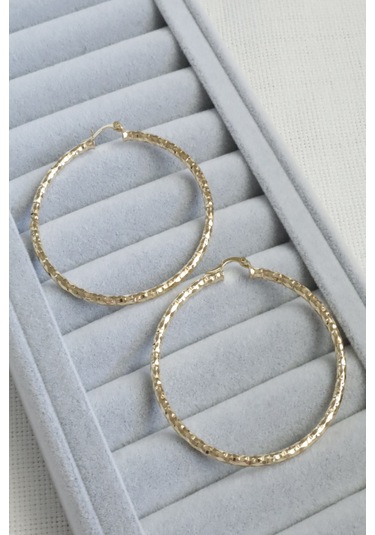 Kadın Küpe Kararmaz 14k Renk Vip Seri Dokulu Büyük Halka 6cm Küpe Altın