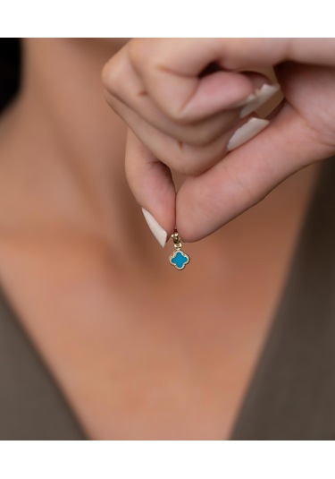 Bayar Gold 14 Ayar Altın Turkuaz Renkli Yonca Kolye Ucu Sarı Altın