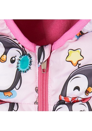 Kız Çocuk Polarlı Kürklü Kapüşonlu Şeker Desenli Kışlık Şişme Mont & Kaban & Parka Digital Baskılı