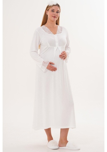 Mecit 6332 Ekru Sabahlık Gecelik Pijama Hamile Lohusa Set