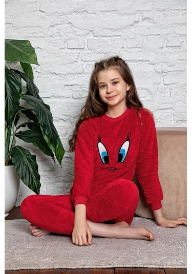 Civciv Desenli Anne Kız Çocuk Kombin Peluş Pijama Takımı Anne Kız Ayrı Satılır. Kırmızı
