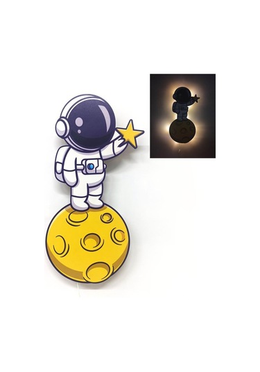 CajuArt Ay Astronot Ahşap Işıklı Çocuk Odası Duvar Tablosu Dekor