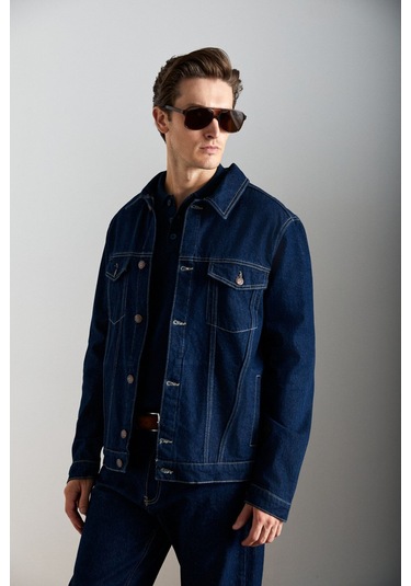 GRIMELANGE Jerıcho Erkek Rinse Denim Rahat Geniş Kesim %100 Pamuk Yüksek Kalite Kalın Dokulu Lacivert Ceket Lacivert