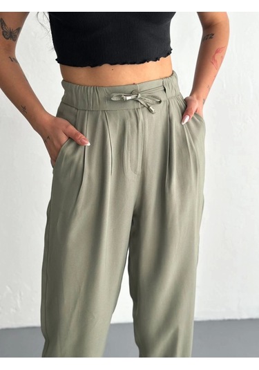Kadın Yüksel Bel Beli Bağcıklı Cepli Rahat Paça Pantalon - Su Yeşili Su Yeşili