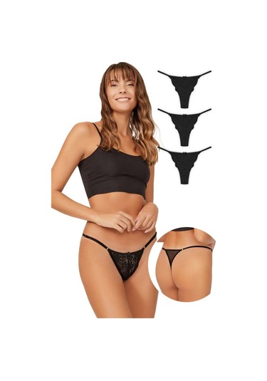 Önü Dantelli Tül Detaylı Kadın Tanga 3'lü Paket Külot - 4 Renkli-4 Çok Renkli