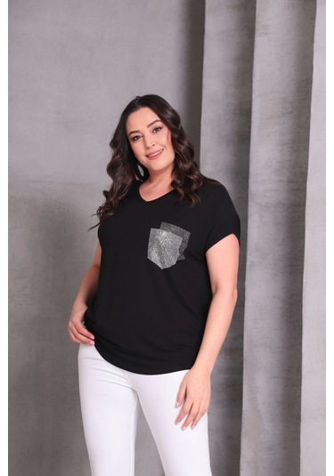 Cep Taş Baskılı Bluz Siyah