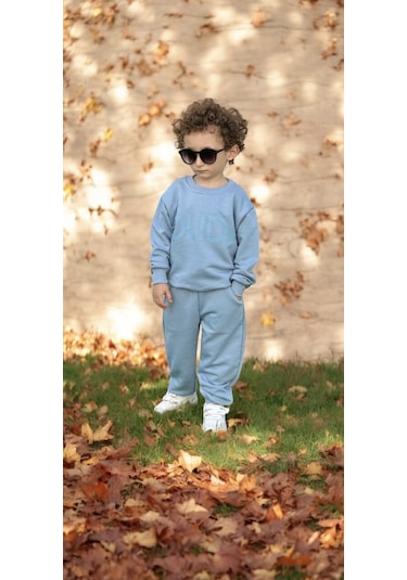 Bebe Mavi Slogan Yazılı 3 İplik Alt Üst 2 Parça Eşofman Takımı Yeni Sezon