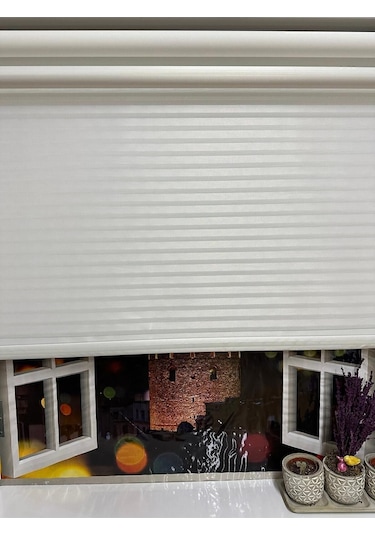 Çizgili Çift Mekanizmalı Tül Ve Stor Perde - Model 1 Beyaz