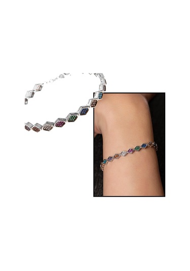 Altıgen Tasarım Multicolor Zirkon Taşlı Tam Tur 925 Ayar Gümüş Ka